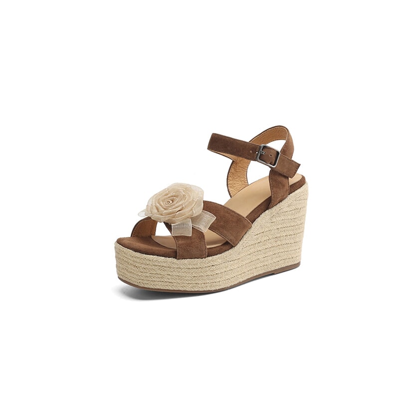 100mm Flower Leather Espadrille Wedge Slingback Sandals for Women in Brown/Grey