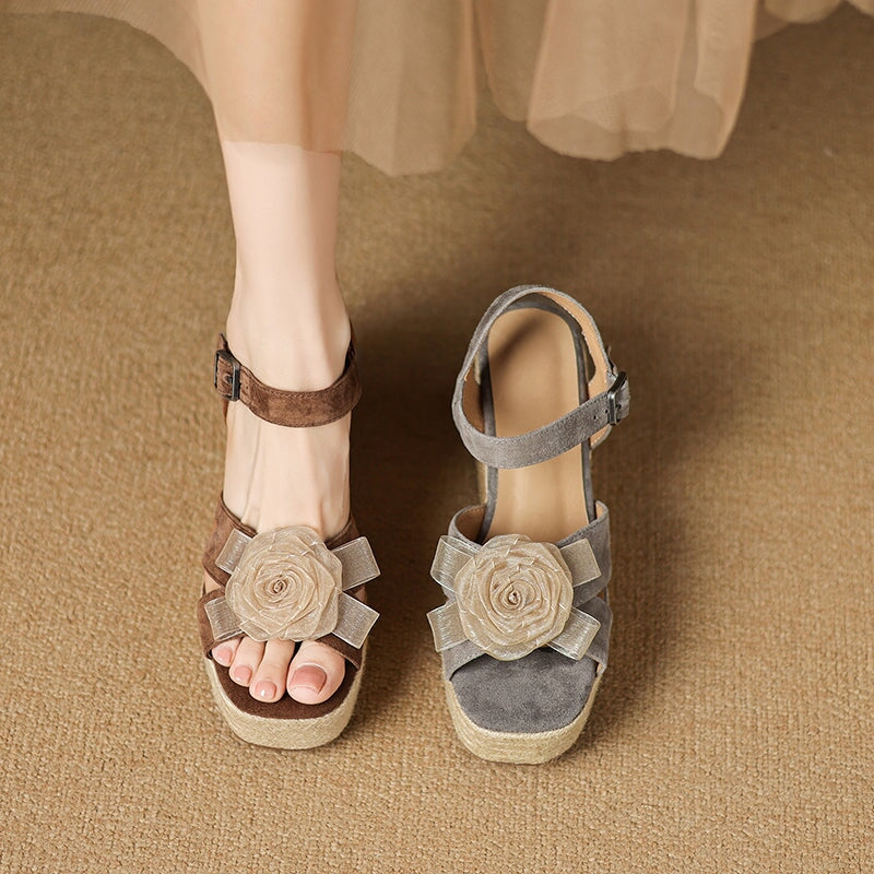 100mm Flower Leather Espadrille Wedge Slingback Sandals for Women in Brown/Grey