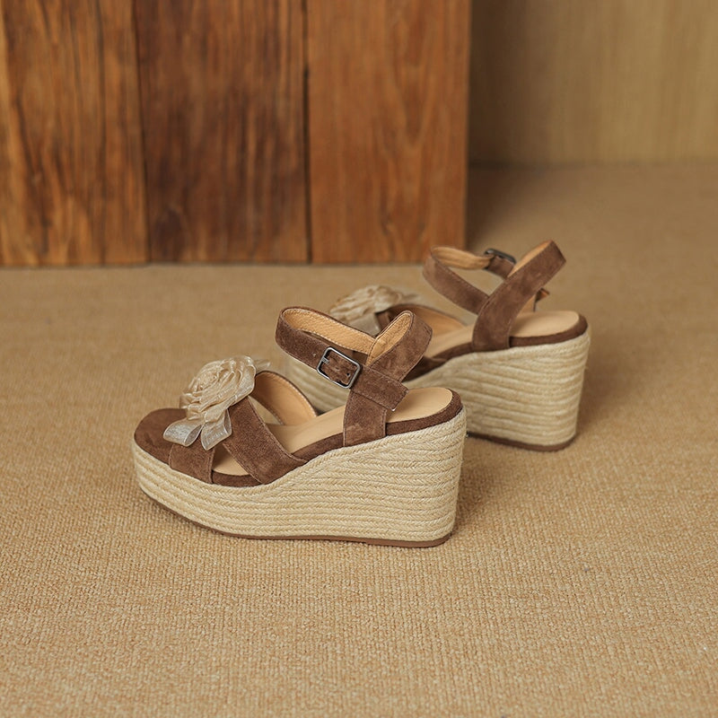 100mm Flower Leather Espadrille Wedge Slingback Sandals for Women in Brown/Grey