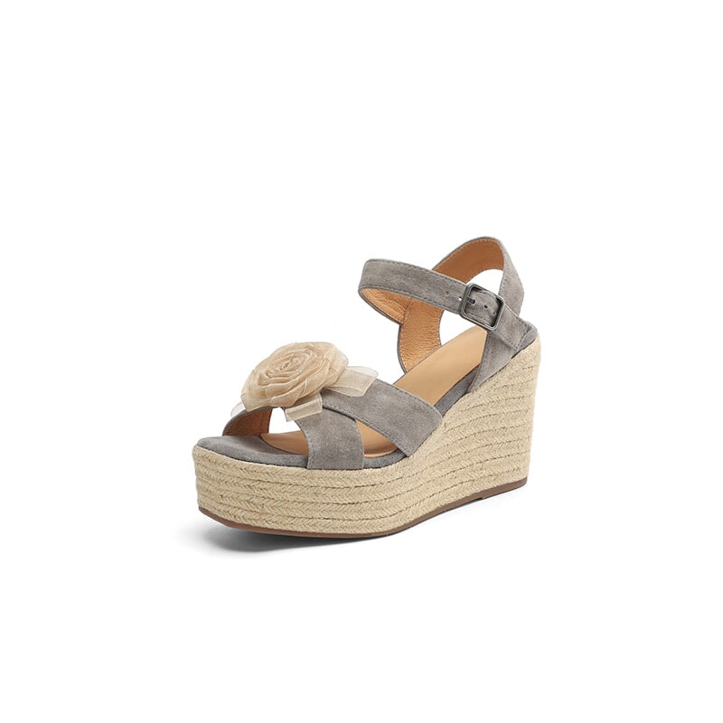 100mm Flower Leather Espadrille Wedge Slingback Sandals for Women in Brown/Grey