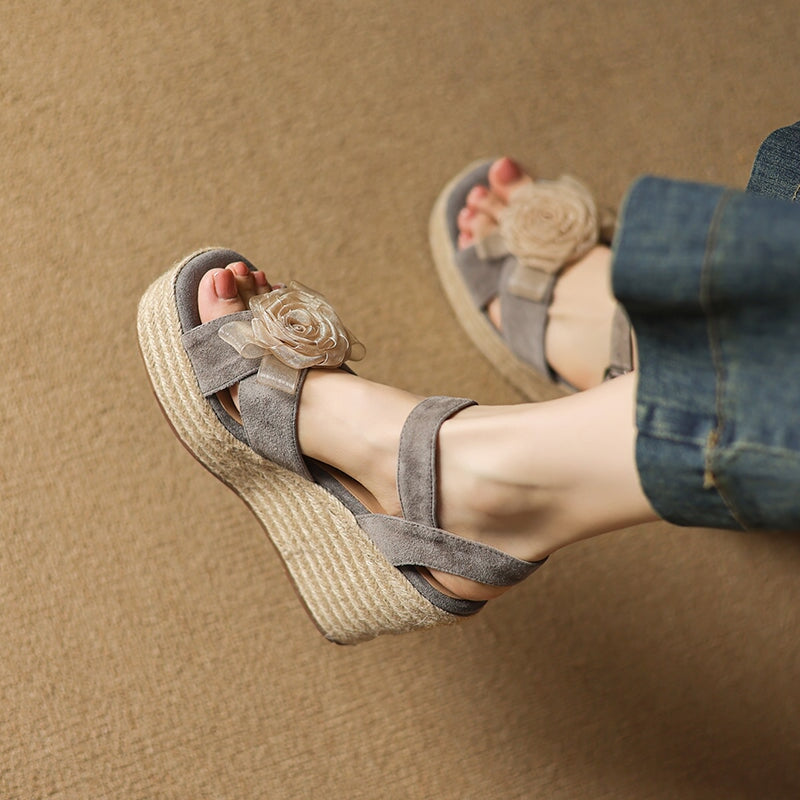 100mm Flower Leather Espadrille Wedge Slingback Sandals for Women in Brown/Grey