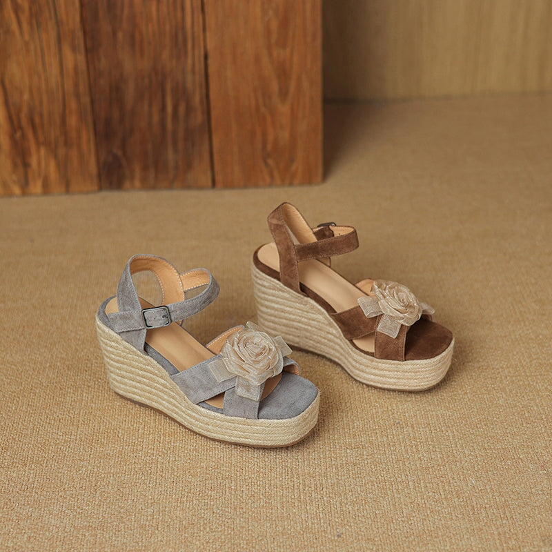 100mm Flower Leather Espadrille Wedge Slingback Sandals for Women in Brown/Grey