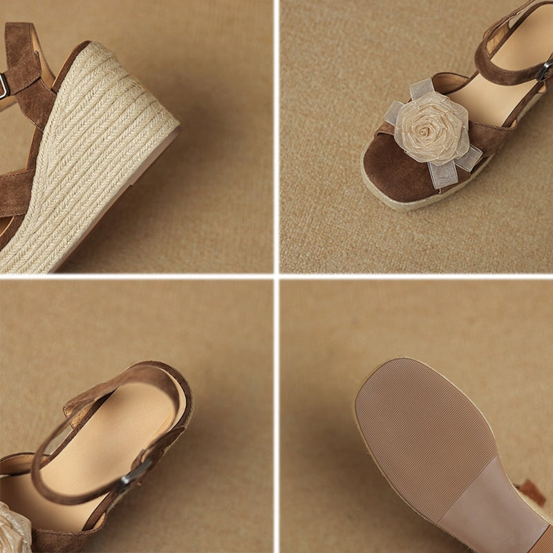 100mm Flower Leather Espadrille Wedge Slingback Sandals for Women in Brown/Grey