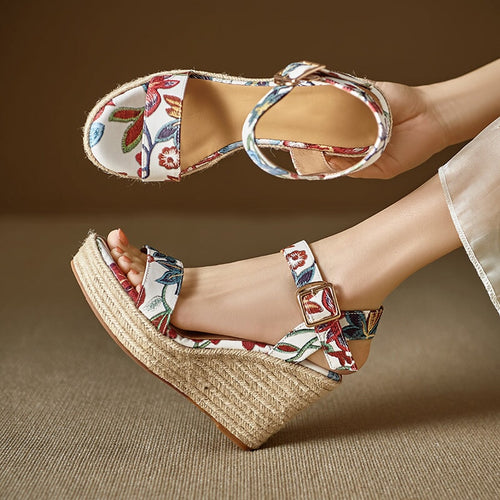 100mm Slingback Espadrille Wedge Sandals Floral Printed Leather Summer Ankle Strap Heels in White/Light Pink