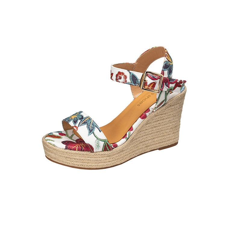100mm Slingback Espadrille Wedge Sandals Floral Printed Leather Summer Ankle Strap Heels in White/Light Pink