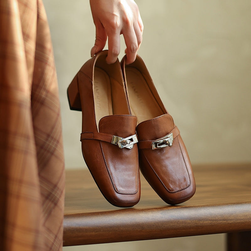40mm Block Heel Leather Loafers Comfort Slip-On with Metal Buckle Design in Red/Black/Brown