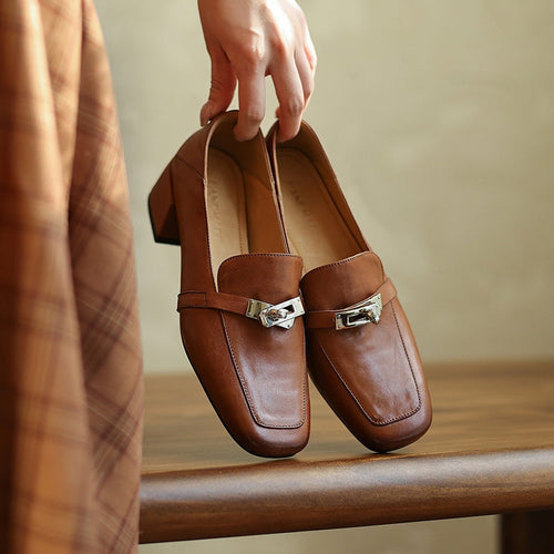 40mm Block Heel Leather Loafers Comfort Slip-On with Metal Buckle Design in Red/Black/Brown