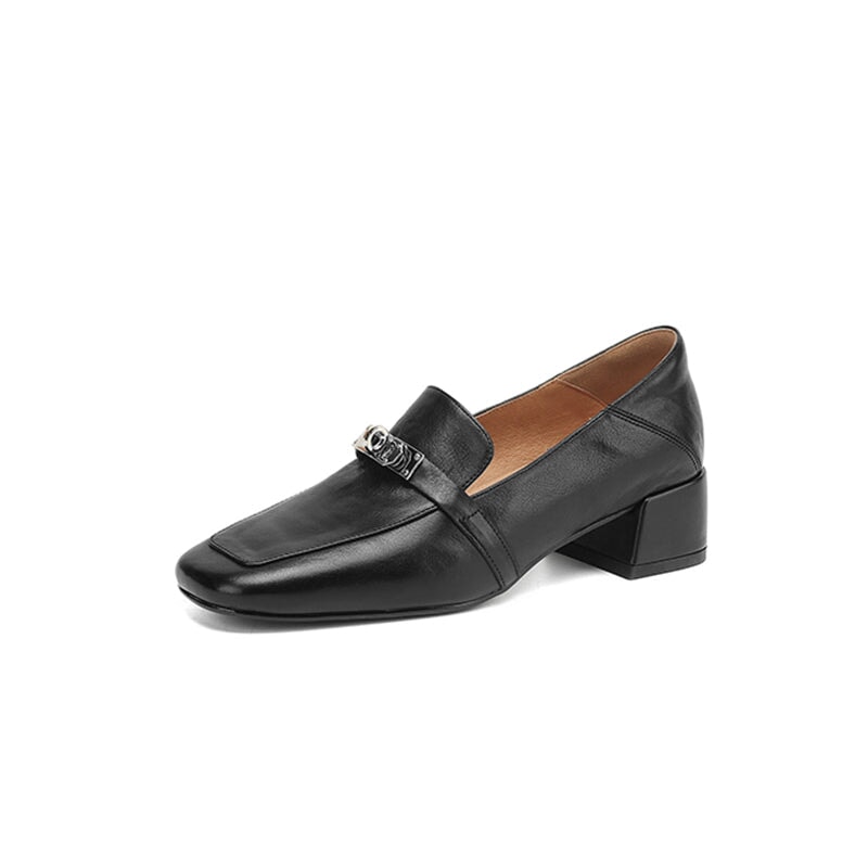 40mm Block Heel Leather Loafers Comfort Slip-On with Metal Buckle Design in Red/Black/Brown