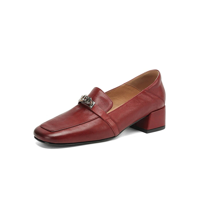 40mm Block Heel Leather Loafers Comfort Slip-On with Metal Buckle Design in Red/Black/Brown