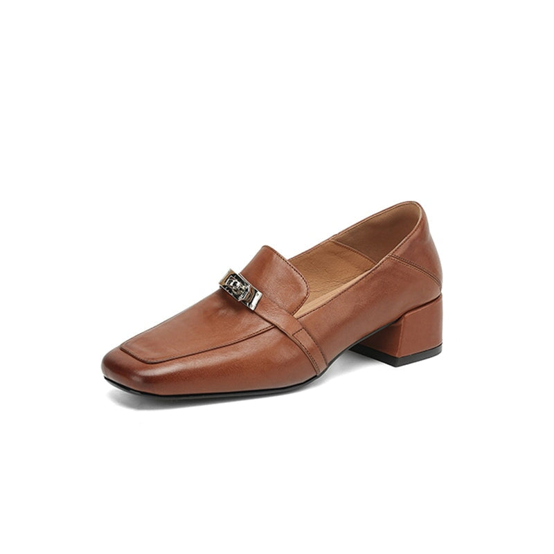 40mm Block Heel Leather Loafers Comfort Slip-On with Metal Buckle Design in Red/Black/Brown