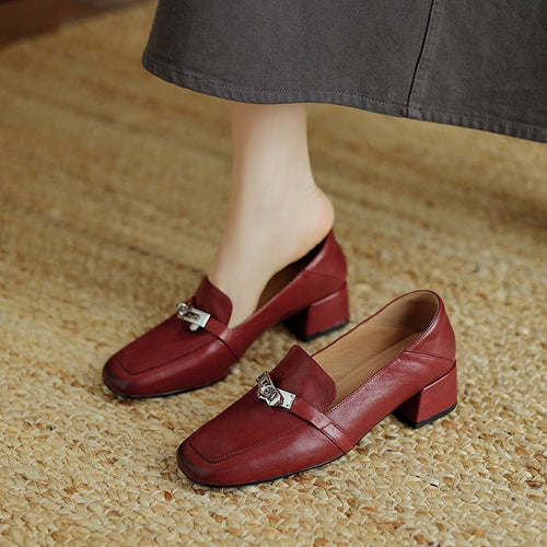40mm Block Heel Leather Loafers Comfort Slip-On with Metal Buckle Design in Red/Black/Brown