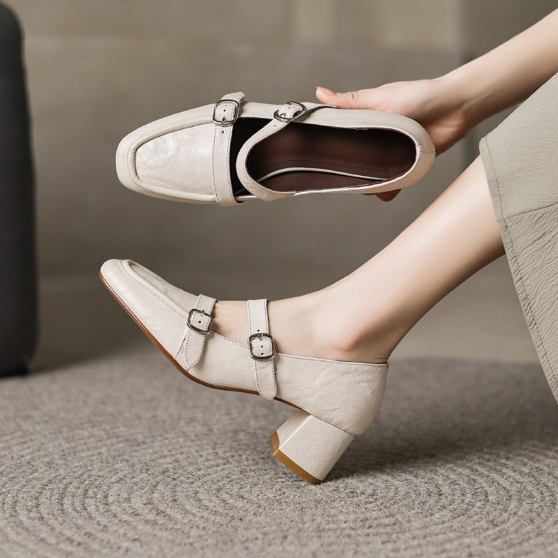 50mm Block Heel Sheepskin Mary Jane Pumps Almond Toe Double Buckle in Black/White