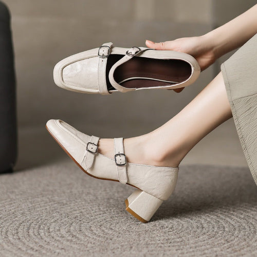 50mm Block Heel Sheepskin Mary Jane Pumps Almond Toe Double Buckle in Black/White