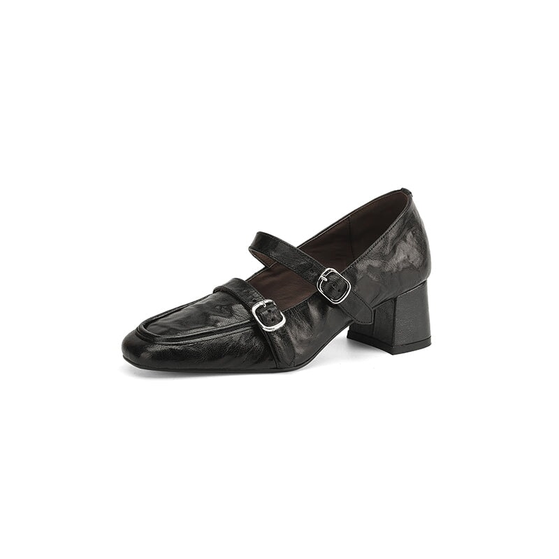 50mm Block Heel Sheepskin Mary Jane Pumps Almond Toe Double Buckle in Black/White