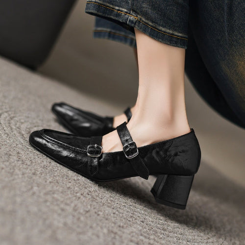 50mm Block Heel Sheepskin Mary Jane Pumps Almond Toe Double Buckle in Black/White