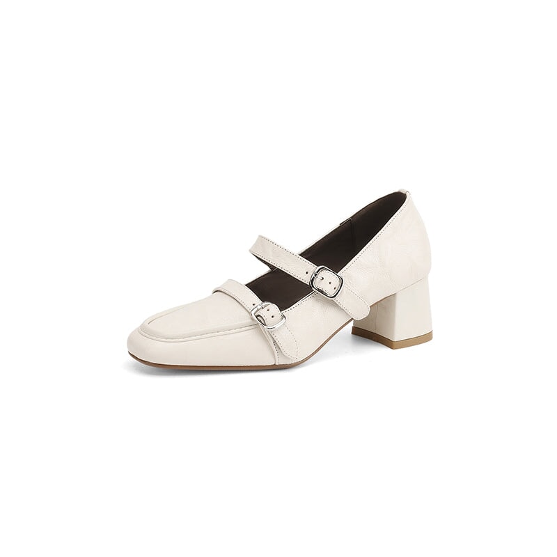 50mm Block Heel Sheepskin Mary Jane Pumps Almond Toe Double Buckle in Black/White