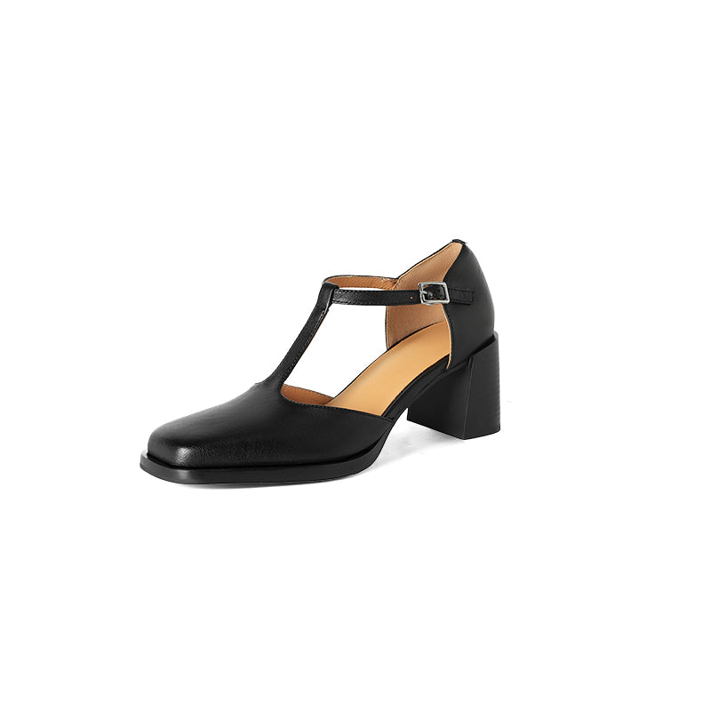 65mm Chunky Leather Square Toe T-Strap Mary Jane Heels for Women in Black/Brown/Red
