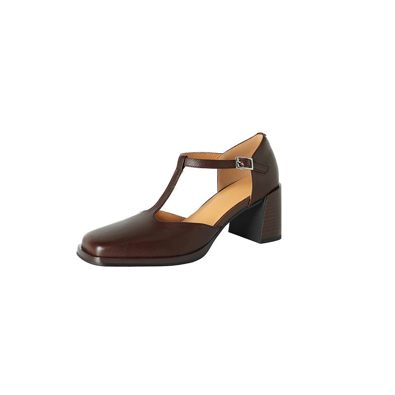65mm Chunky Leather Square Toe T-Strap Mary Jane Heels for Women in Black/Brown/Red