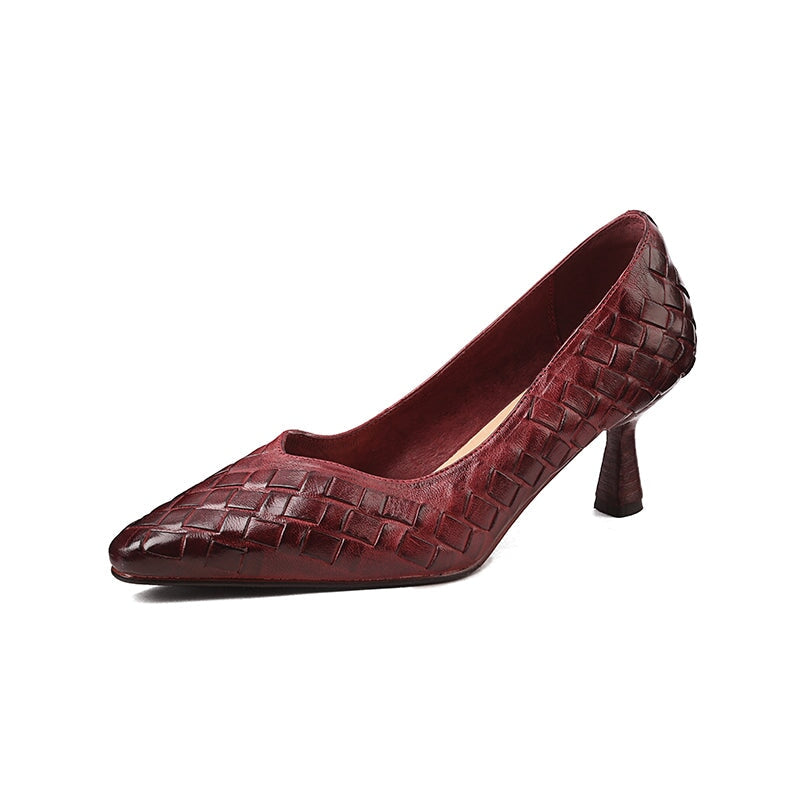65mm Kitten Heel Woven Horse Leather Pumps Elegant Slip-On Work Shoes in Red/Black