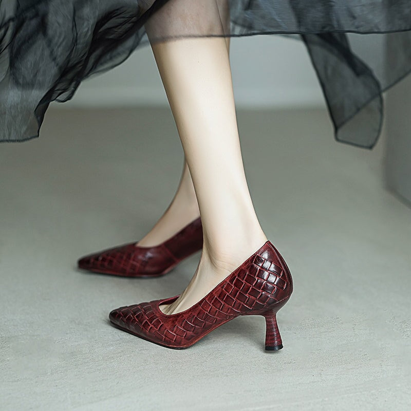 65mm Kitten Heel Woven Horse Leather Pumps Elegant Slip-On Work Shoes in Red/Black