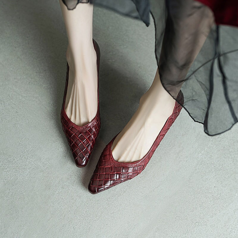 65mm Kitten Heel Woven Horse Leather Pumps Elegant Slip-On Work Shoes in Red/Black