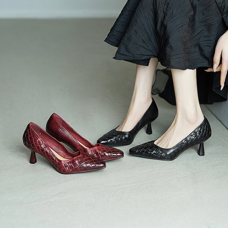 65mm Kitten Heel Woven Horse Leather Pumps Elegant Slip-On Work Shoes in Red/Black