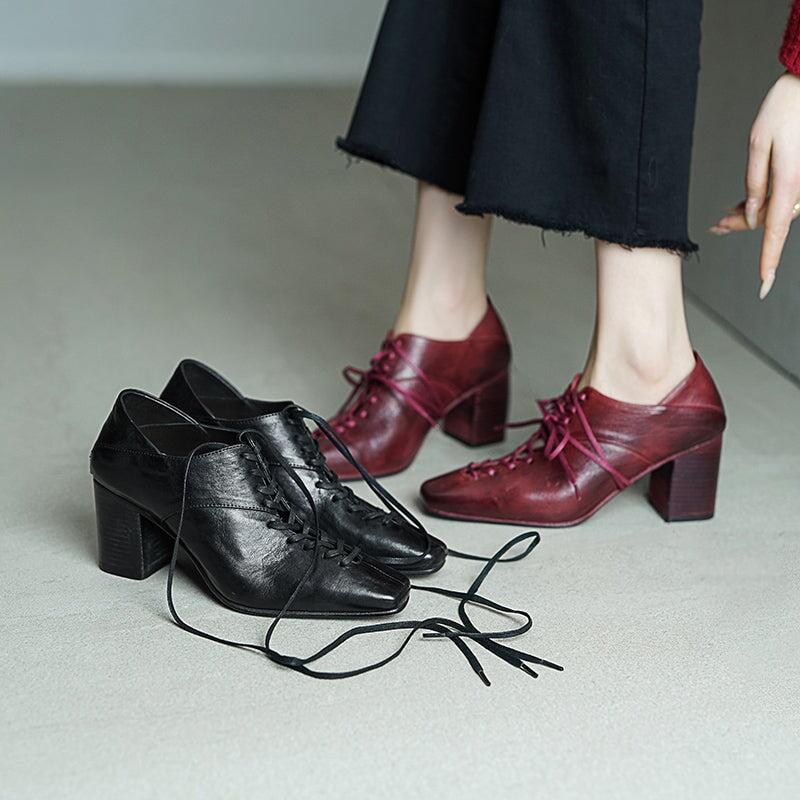 70mm Block Heel Washed Horse Leather Ballet-Inspired Lace-Up Pumps in Red/Black