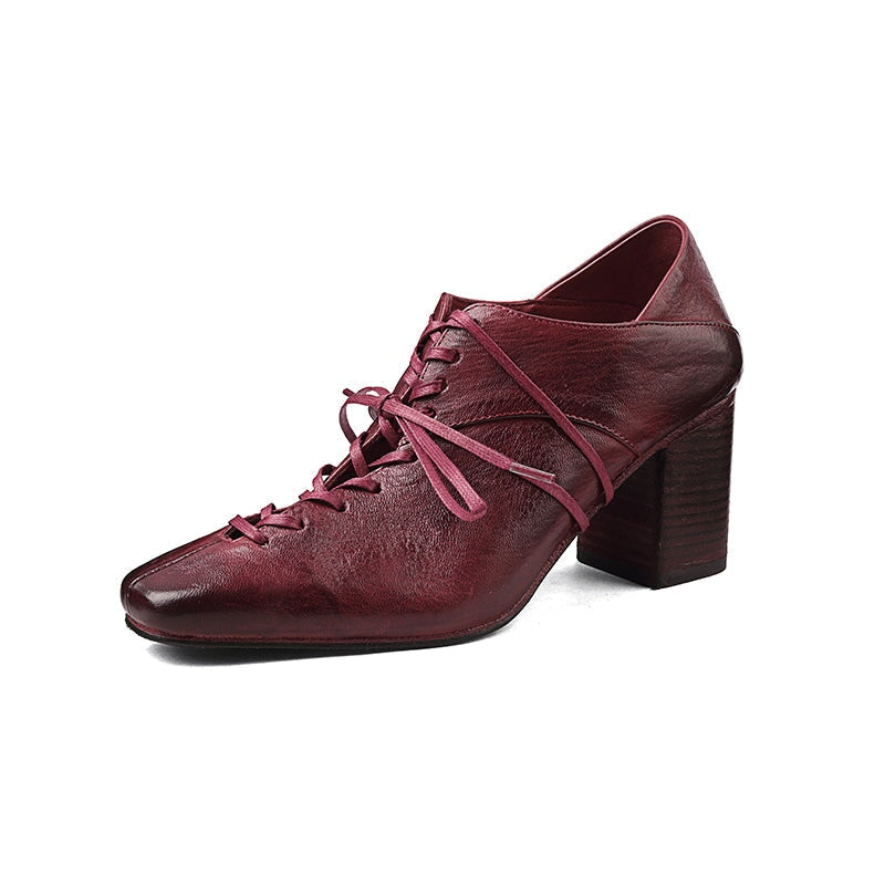 70mm Block Heel Washed Horse Leather Ballet-Inspired Lace-Up Pumps in Red/Black
