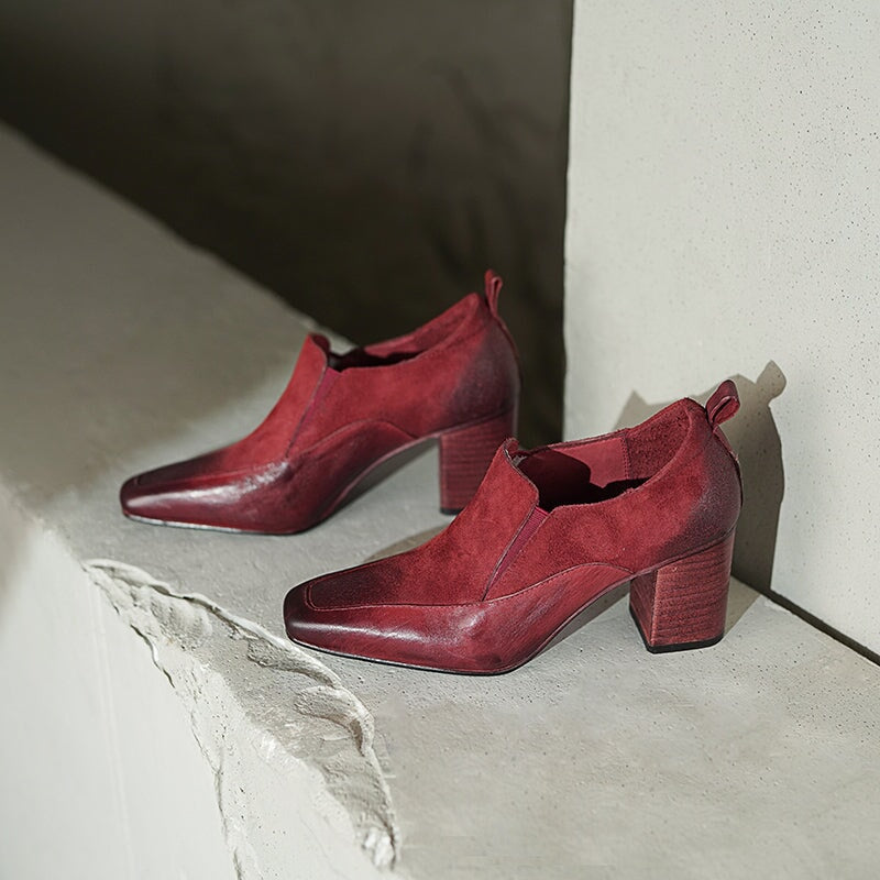 70mm Block Heel Washed Horse Leather Square Toe Slip-On Pumps in Red/Black