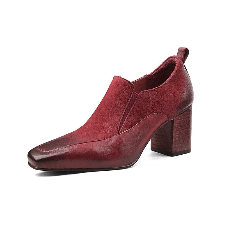 70mm Block Heel Washed Horse Leather Square Toe Slip-On Pumps in Red/Black