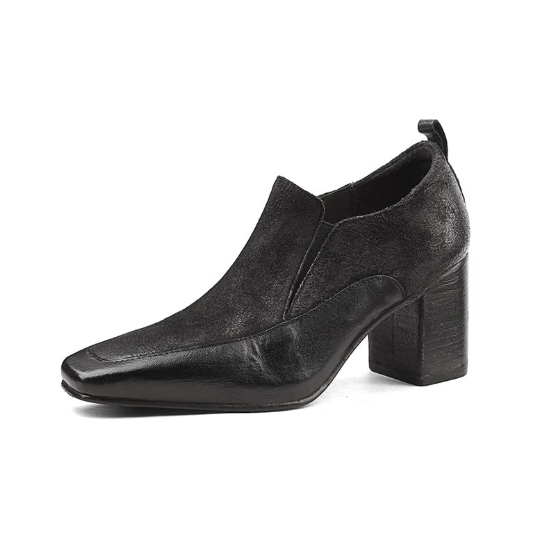 70mm Block Heel Washed Horse Leather Square Toe Slip-On Pumps in Red/Black