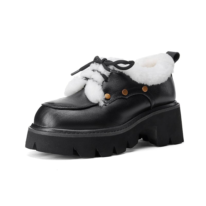 70mm Platform Chunky Cowhide Leather Shearling-Lined Lace-Up Oxfords Shoes with Plush Edge & Rivet Design Brown/Black