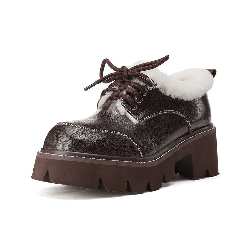 70mm Platform Shearling Lined Lace-Up Chunky Sheepskin Oxford Shoes with Plush Edge Dark Brown/Black