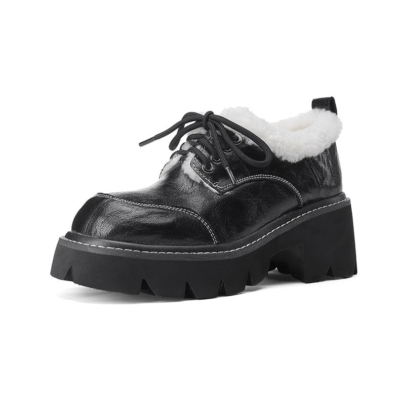 70mm Platform Shearling Lined Lace-Up Chunky Sheepskin Oxford Shoes with Plush Edge Dark Brown/Black