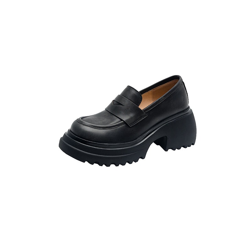 75mm Chunky Cowhide Penny Loafers Slip On Platform Casual Shoes in Black/Brown