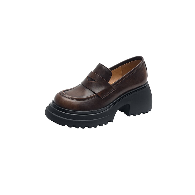 75mm Chunky Cowhide Penny Loafers Slip On Platform Casual Shoes in Black/Brown