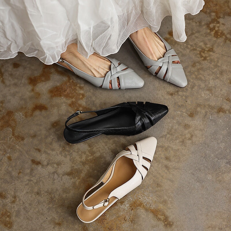 Almond Toe Woven Slingback Sandals Cut-Out Roman Low Heel Pumps in Gray/Black/Beige