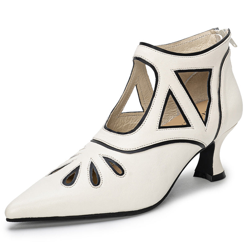 Art Deco Cutout Mary Jane Shoes Handmade Pointed Toe Kitten Heel Flapper Shoes in White
