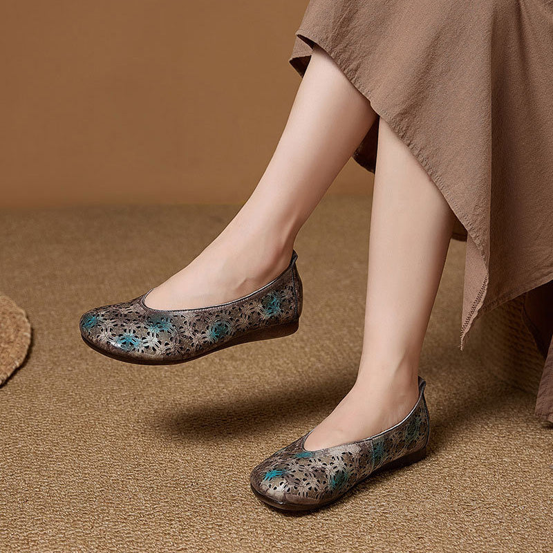 Boho Retro Perforated Leather Flats Cutout Slip-On Loafers for Women in Brown/Gray