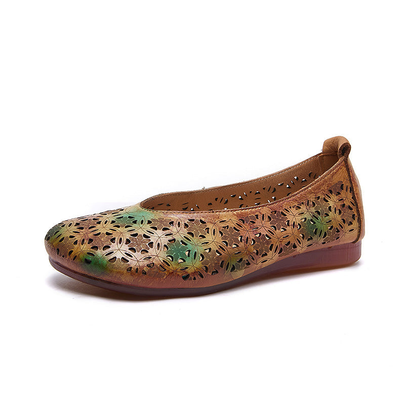 Boho Retro Perforated Leather Flats Cutout Slip-On Loafers for Women in Brown/Gray