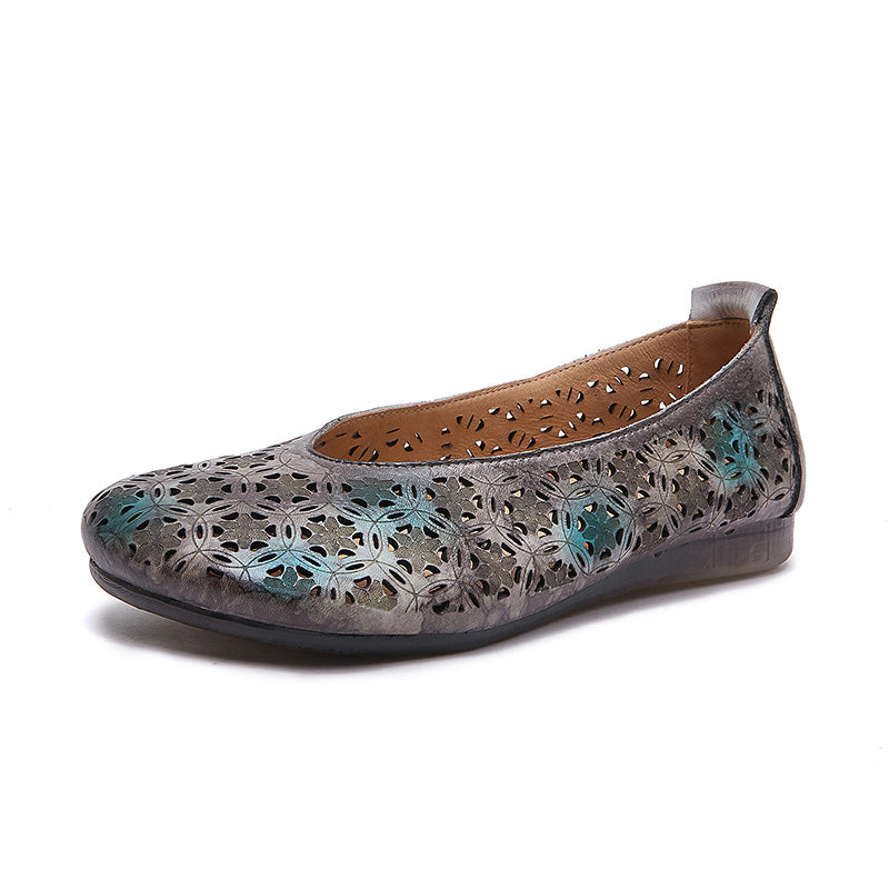 Boho Retro Perforated Leather Flats Cutout Slip-On Loafers for Women in Brown/Gray