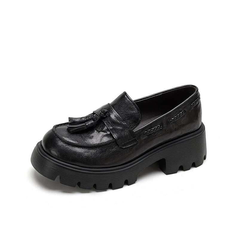 British Preppy Style Platform Penny Loafers Tassel Slip-On Leather Boat Shoes in Brown/Black/Beige