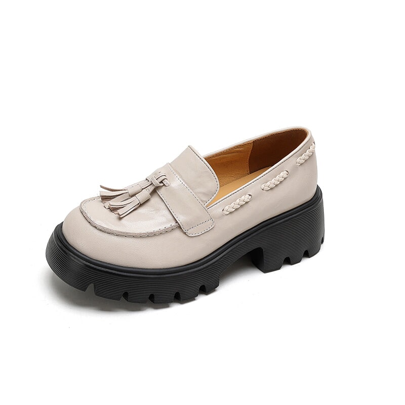 British Preppy Style Platform Penny Loafers Tassel Slip-On Leather Boat Shoes in Brown/Black/Beige