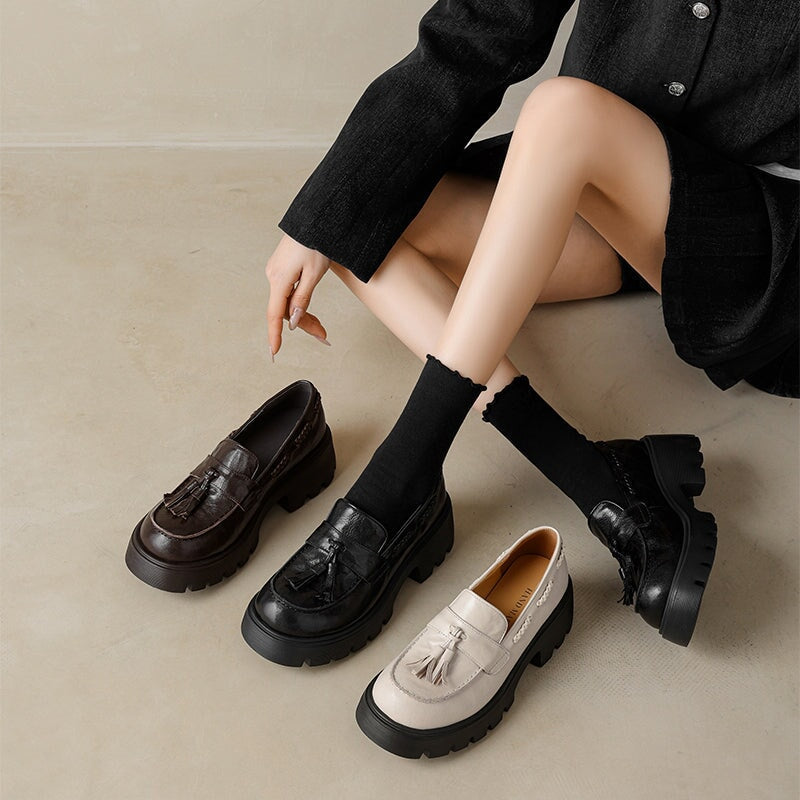 British Preppy Style Platform Penny Loafers Tassel Slip-On Leather Boat Shoes in Brown/Black/Beige