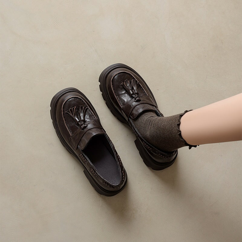 British Preppy Style Platform Penny Loafers Tassel Slip-On Leather Boat Shoes in Brown/Black/Beige