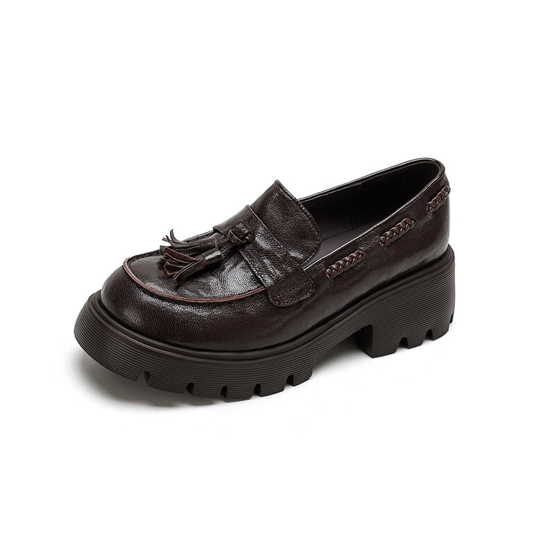 British Preppy Style Platform Penny Loafers Tassel Slip-On Leather Boat Shoes in Brown/Black/Beige