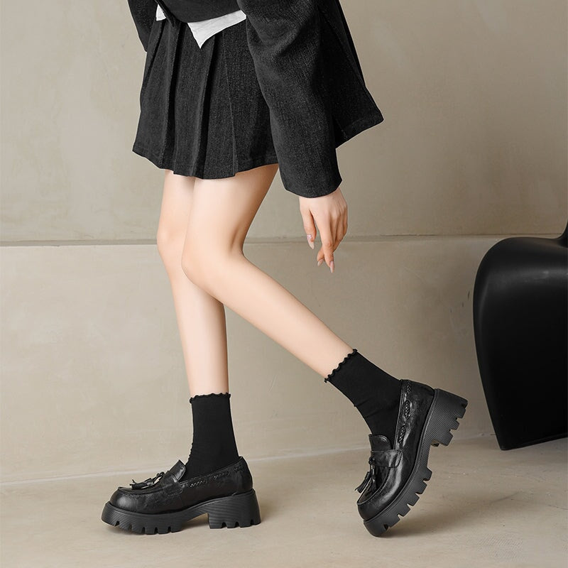 British Preppy Style Platform Penny Loafers Tassel Slip-On Leather Boat Shoes in Brown/Black/Beige