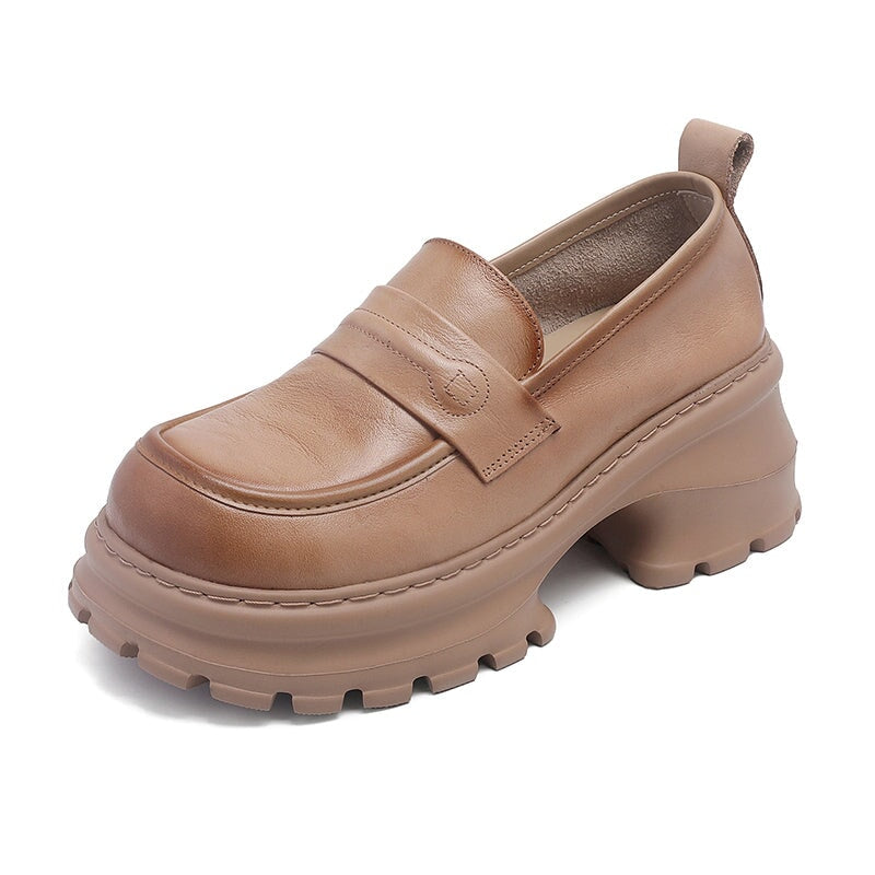 British Style 60mm Chunky Platform Cow Leather Casual Penny Loafers in Apricot/Black