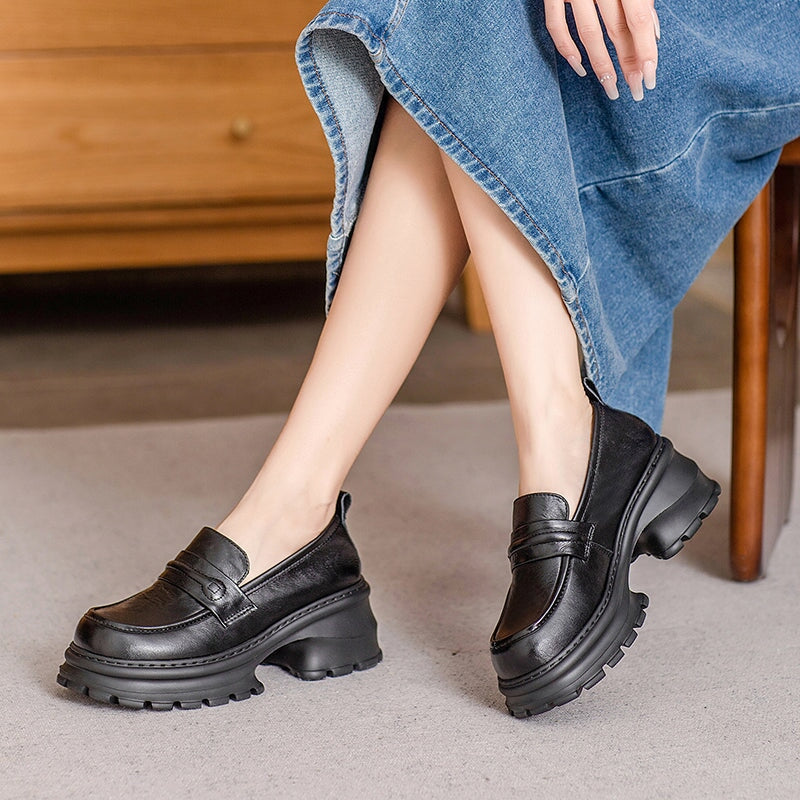 British Style 60mm Chunky Platform Cow Leather Casual Penny Loafers in Apricot/Black