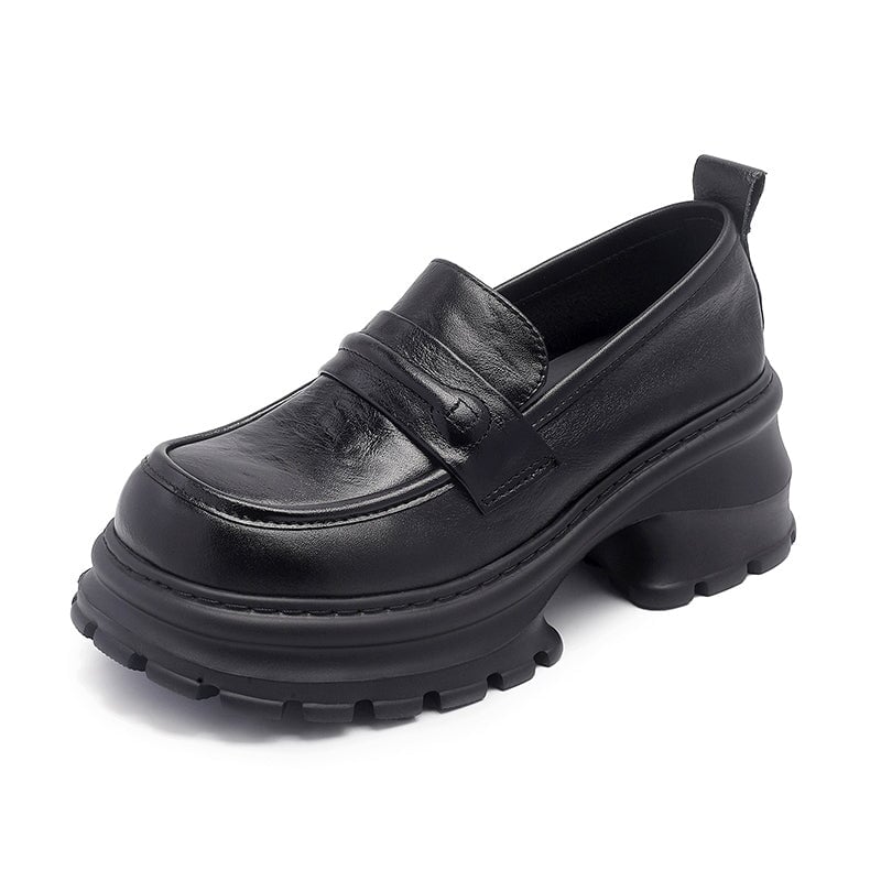 British Style 60mm Chunky Platform Cow Leather Casual Penny Loafers in Apricot/Black